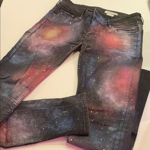 Hand painted galaxy skinny denim pants